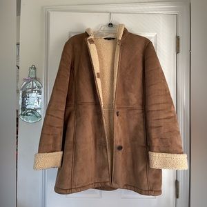 Land's End Sherpa Lined Button Up Hooded Suede Coat